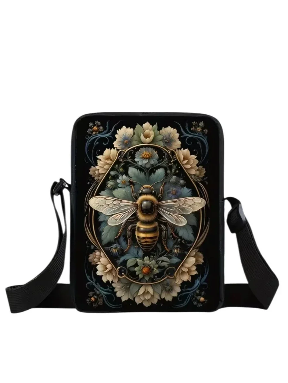Bumblebee Garden Crossbody Bag Adjustable Strap Yellow Black Bee Print Purse
